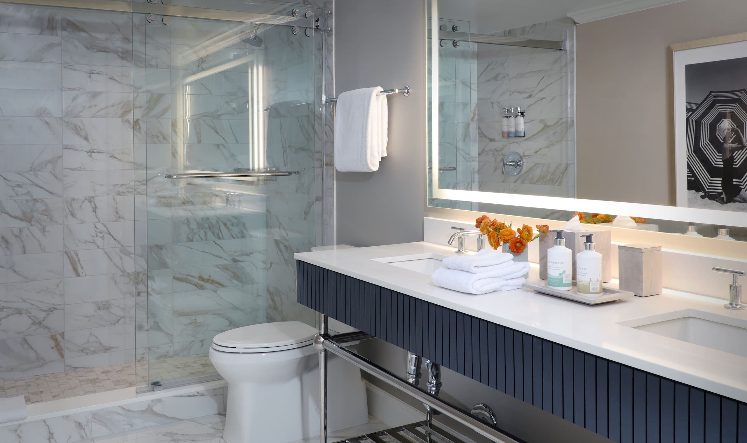 A double vanity and shower in a Laplaya Beach Front Lanai room