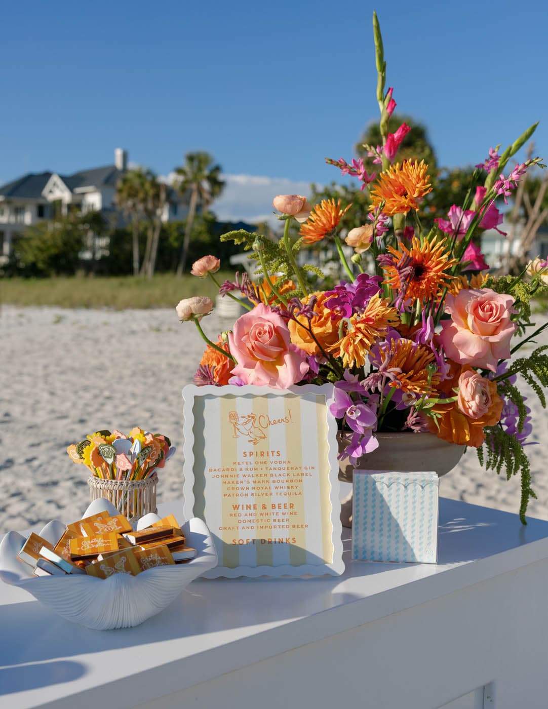 A bouquet of flowers on a table on LaPlayas beach