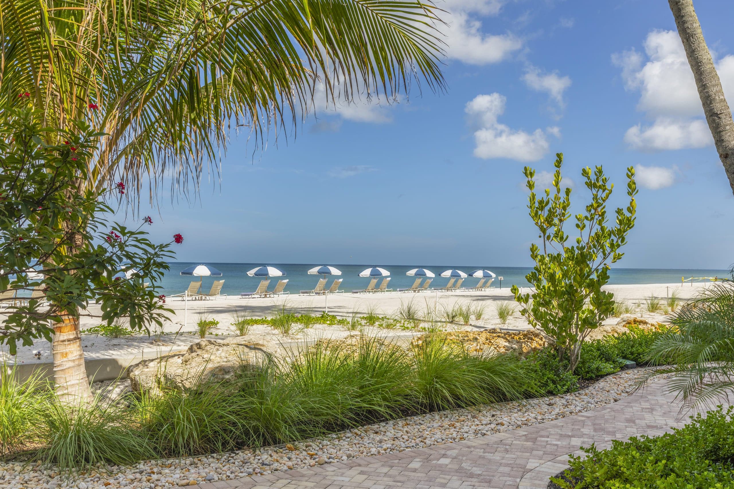 Private beach at LaPlaya with beach umbrellas and lounge chairs