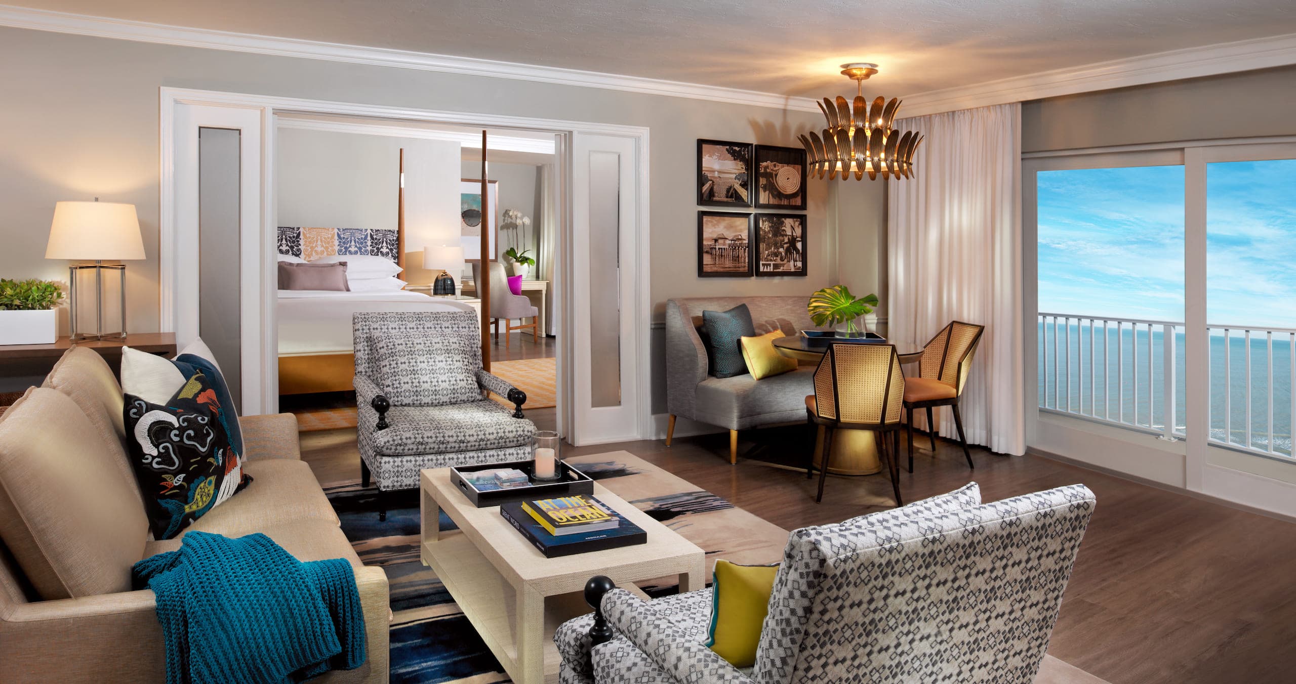 The living room with a view of the water n a Gulf Tower Suite at LaPlaya