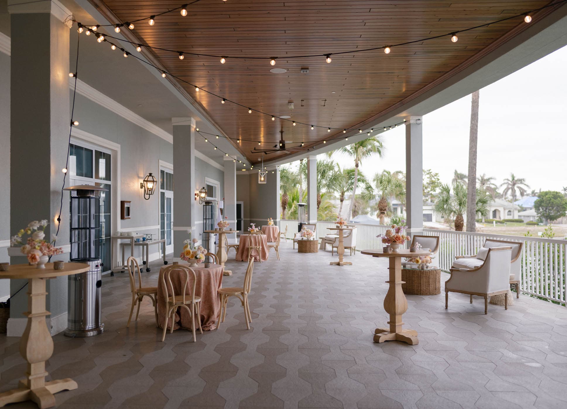 A reception setup on a patio at LaPlaya