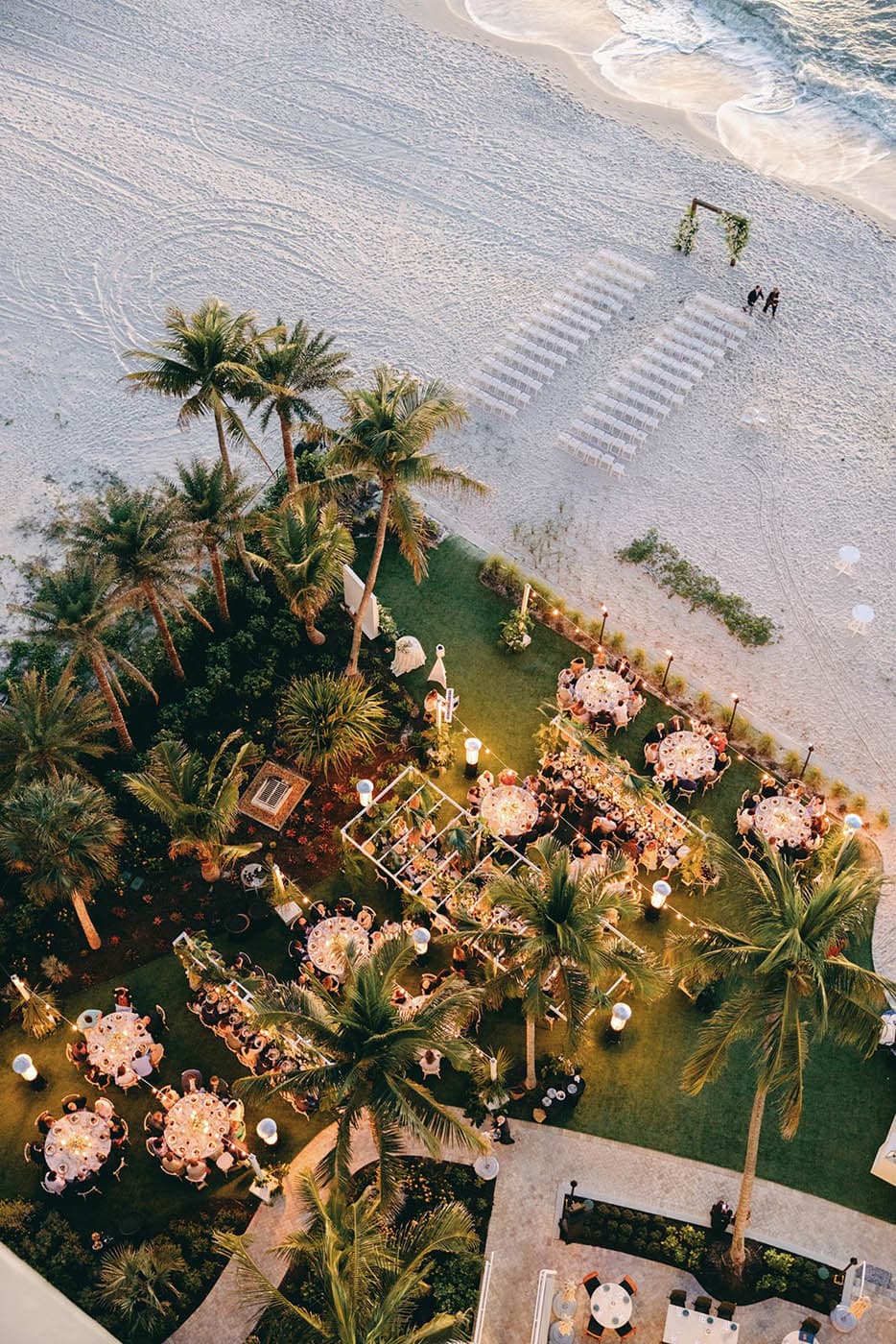 An aerial view of the lawn and beach setup for a function at LaPlaya