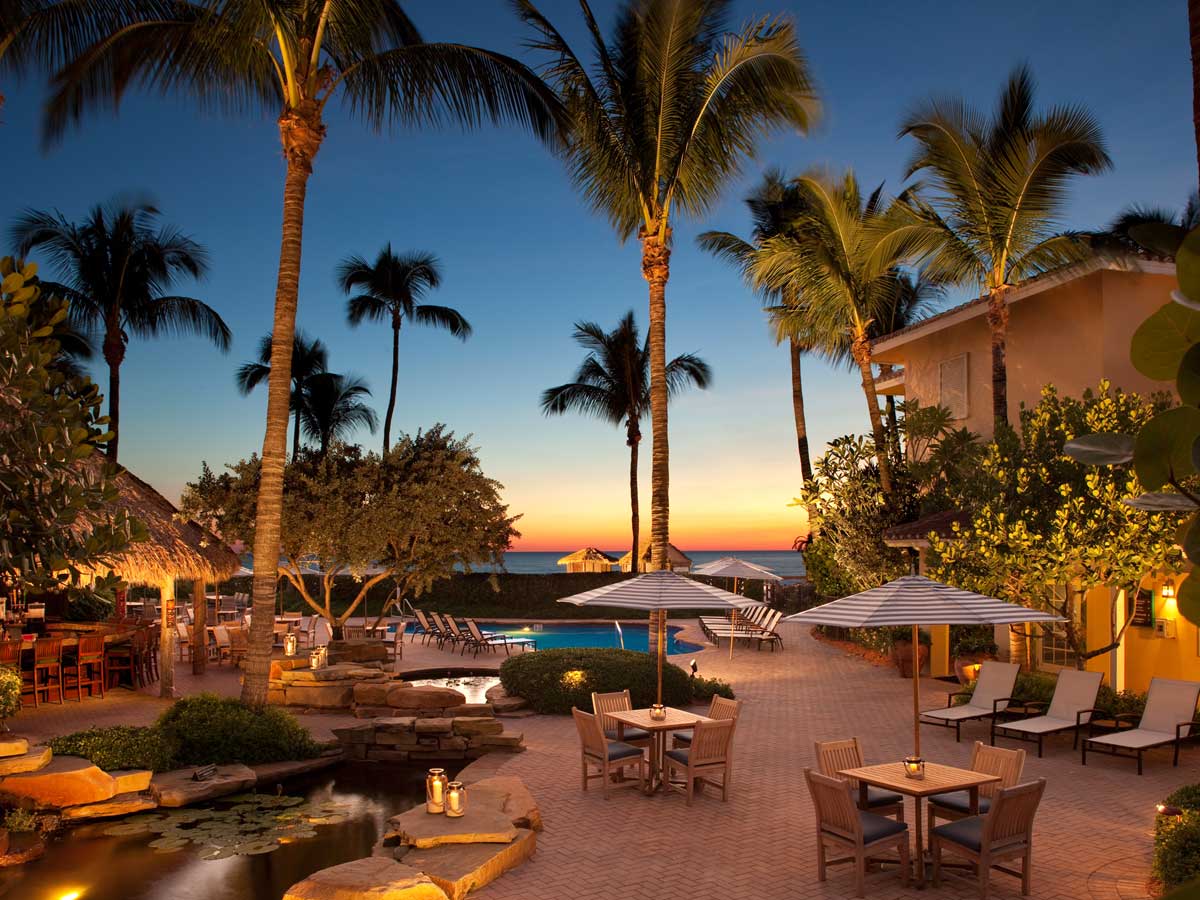 Sunset at the pool at La Playa Beach and Golf Resort in Naples, FL