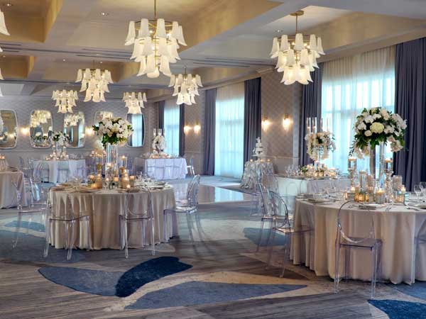Ballroom set up for an elegant wedding.